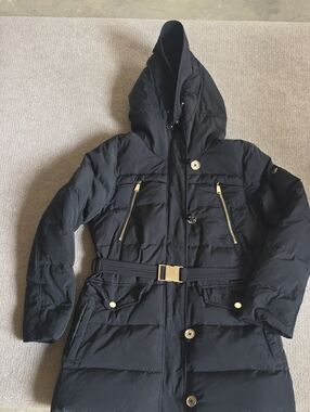Michael Kors Black Hooded Belted Puffer Coat with Gold Hardware